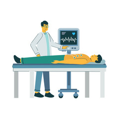 a man checking his heart rate on an ECG (Electrocardiogram) machine, typically shown with a character looking at a monitor or device displaying a heart rate waveform. 