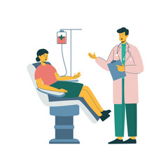 a woman donating blood, typically illustrated with the character seated in a medical chair, connected to a blood bag through a tube, often accompanied by symbols like a red drop, heart icon, 
