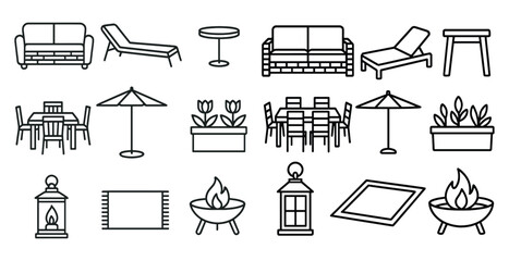 Collection of furniture and decor items, including a couch, table, chairs, and a fireplace