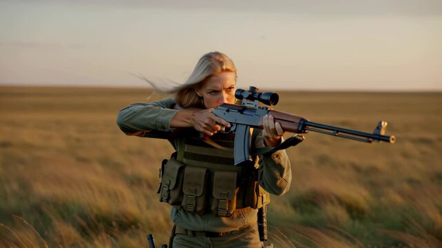 Hunter woman holding a rifle with scope in a field at sunset