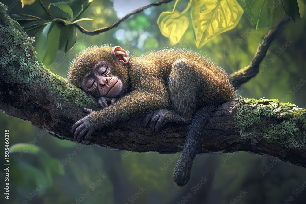 Poster sleepy monkey curled up on a tree branch surrounded by lush greenery in a tranquil forest, cute slee