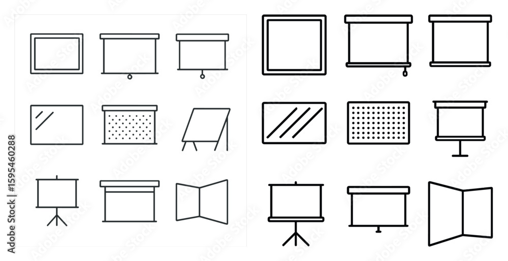 Fototapete Set of projector screens with different shapes and sizes. The screens are arranged in a grid, with some overlapping and others standing alone. The screens are all white and have a simple