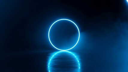 Blue neon geometric rings shifting in dark abstract space with reflections. Futuristic light tunnel. - Powered by Adobe