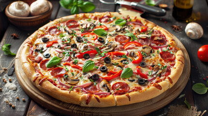 A freshly baked gourmet pizza with golden crust, vibrant toppings, and rich texture is perfectly plated as the centerpiece, set against a soft background that enhances its mouthwatering appeal...