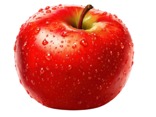 Fresh red apple with water drops nature food photography close-up. Isolated on transparent background, png.