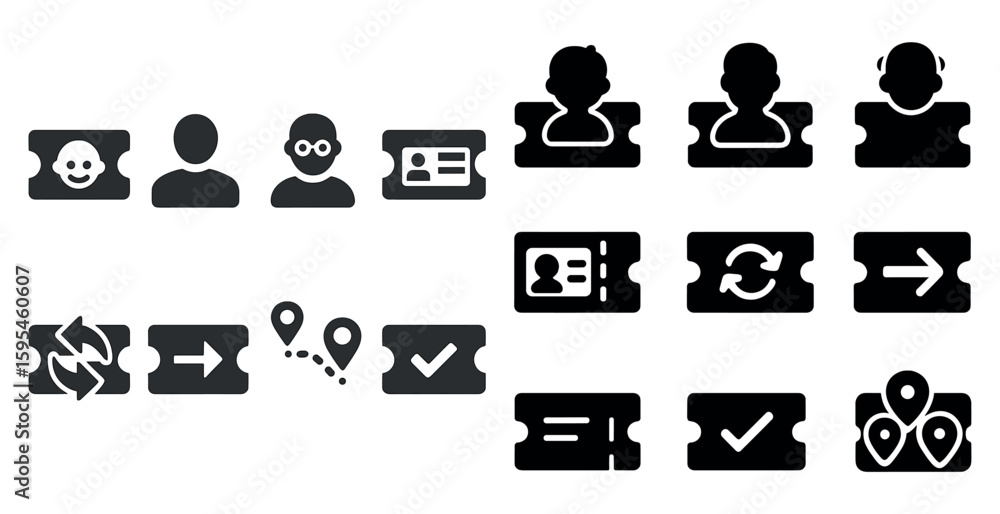 Poster set of black and white icons for tickets. the icons include a person with a ticket, a person with a 