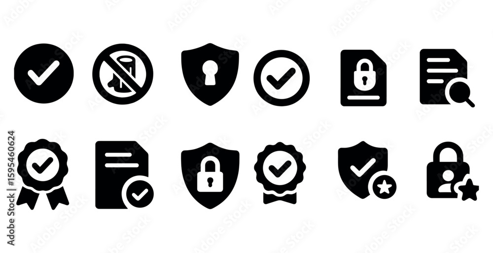 Aufkleber set of icons for security and privacy. the icons include a check mark, a padlock, and a shield
