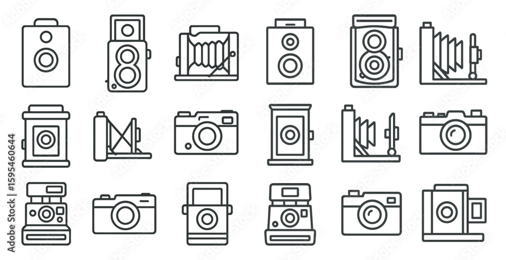 Poster collection of camera icons in a line. the icons include a camera with a lens, a camera with a flash,