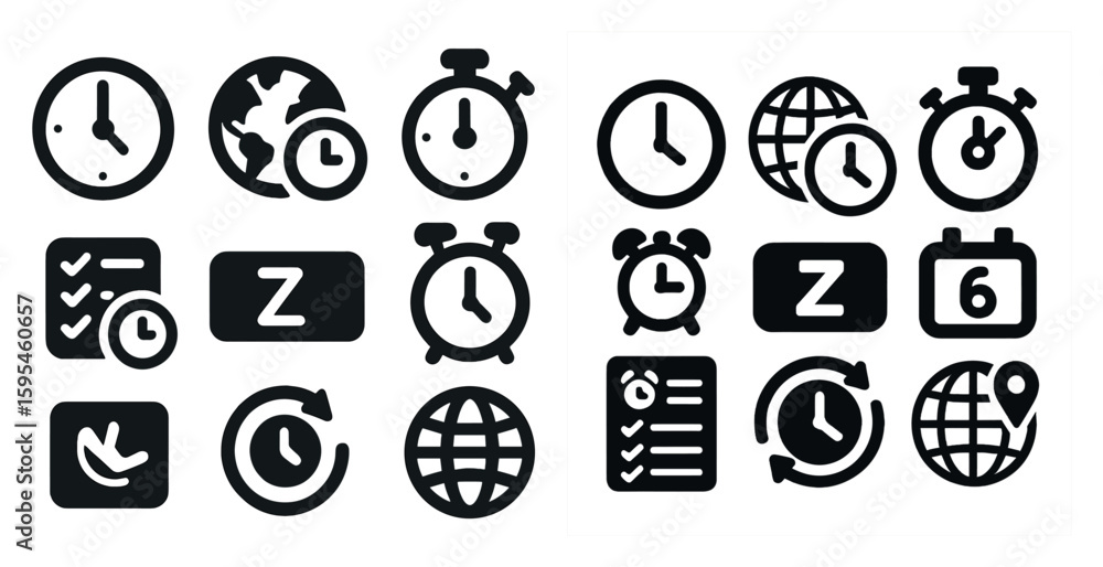 Aufkleber collection of various time-related icons, including clocks, calendars, and a stopwatch. the icons ar