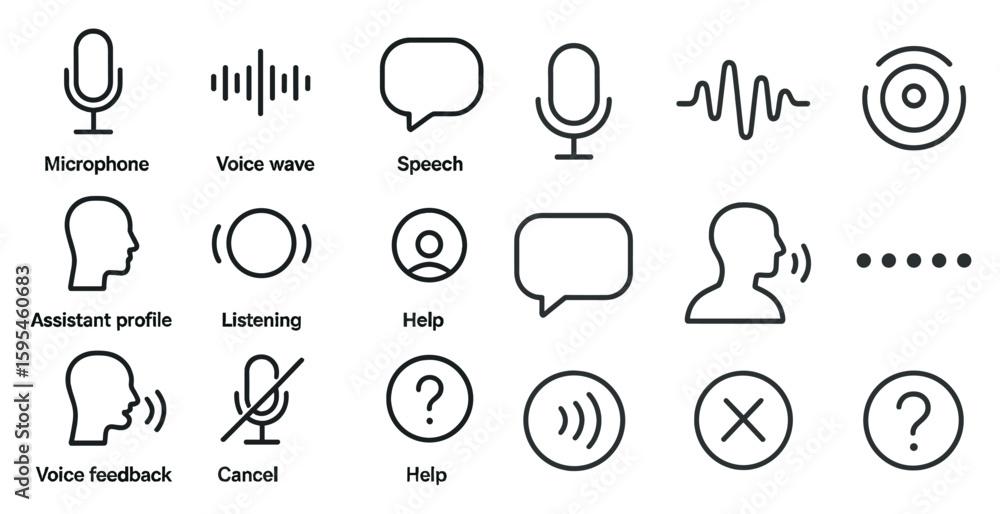 Aufkleber set of icons for a microphone, speech, and other audio-related features. the icons are all in black 