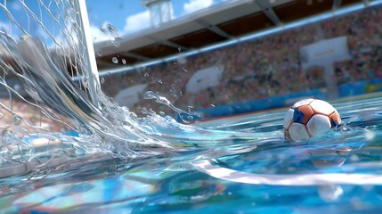 Soccer Ball in Goal with Splashing Water Under Bright Blue Sky
