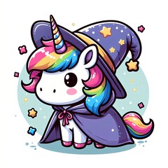 Cute unicorn wearing cloak and hat cartoon vector icon illustration