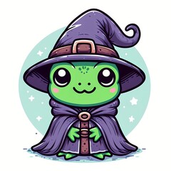 Cute frog wearing cloak and hat cartoon vector icon illustration