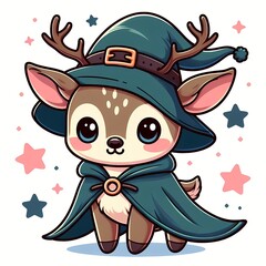 Cute deer wearing cloak and hat cartoon vector icon illustration
