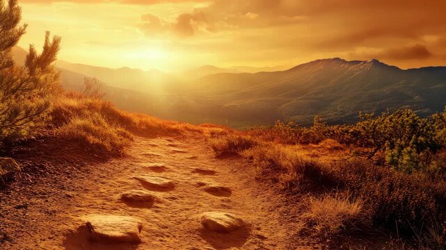 Scenic mountain trail at sunset with golden tones and lush vegetation