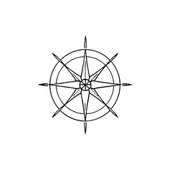 Simple line sketch of a compass rose in black and white design  