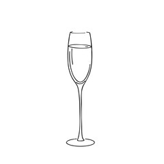 Simple line sketch of a champagne glass filled with sparkling drink  
