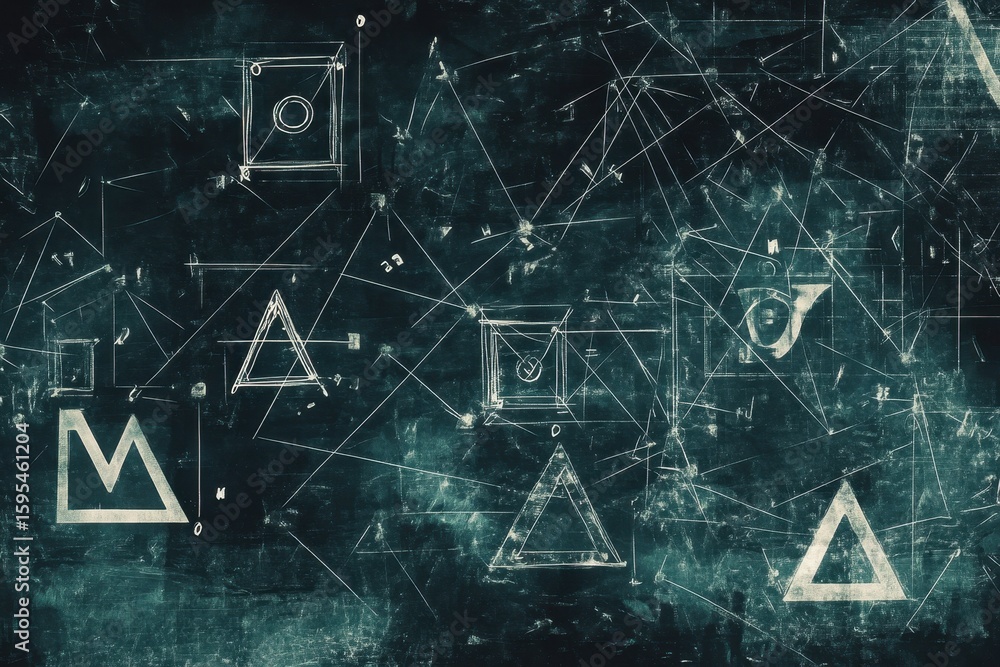 Poster abstract representation of greek letters and mathematical symbols on a dark background showcasing in