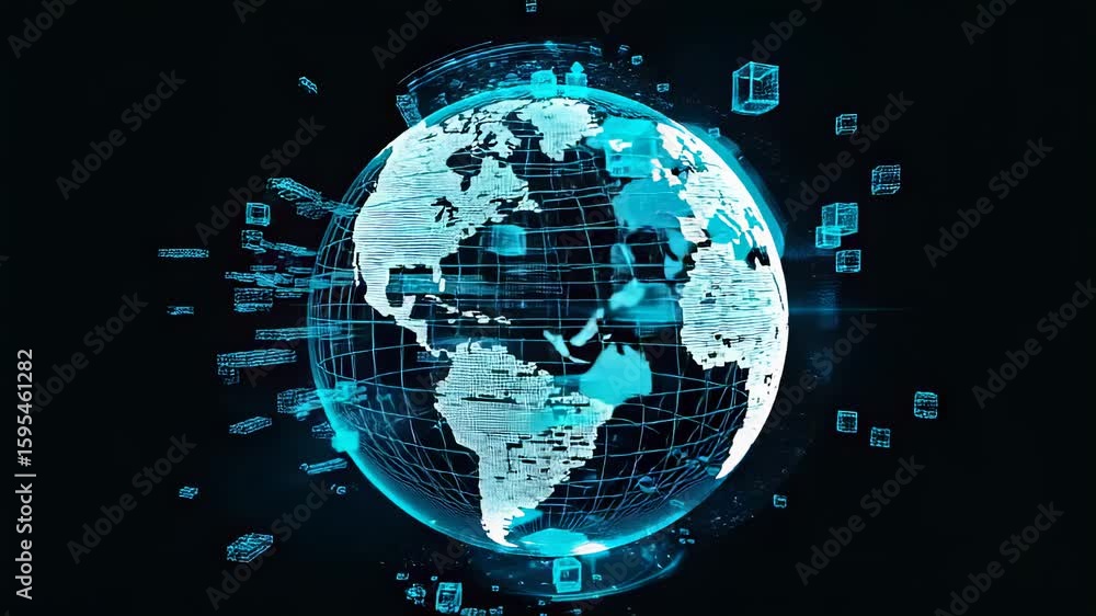 Aufkleber digital earth globe with data cubes, futuristic tech visual