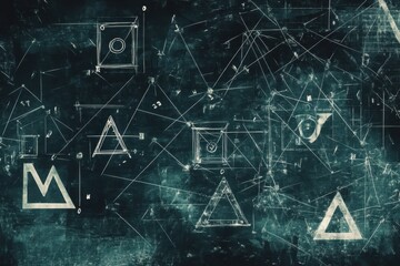 Abstract representation of Greek letters and mathematical symbols on a dark background showcasing intricate designs, Greek letters and mathematical symbols over dark background with connecting lines