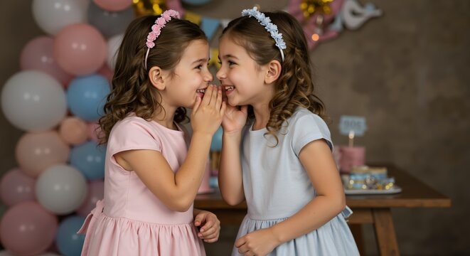 Two girls in pastel dresses sharing secrets at party with colorful balloons. Children whispering with flower headbands. Twin celebration and friendship concept