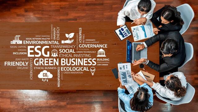 Aerial view of a diverse team engaging in discussions about sustainable practices and green business strategies focused on environmental, social, and governance principles. Amity