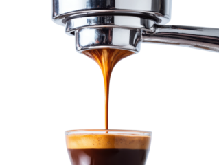 Brewing espresso shot coffee shop beverage indoor close-up craft. Isolated on transparent background, png.