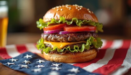 Juicy double burger feast on American flag napkin, topped with lettuce, tomato, onion, melted cheddar. Perfect for National Burger Day, celebrations, picnics, patriotic events. Indulge in delicious,
