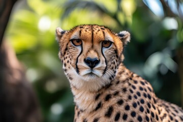 Cheetah head shot showcasing alertness and focus in a lush environment, Close up shot of a cheetah head looking around