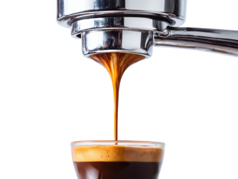 Brewing espresso shot coffee shop beverage indoor close-up craft. Isolated on transparent background, png.