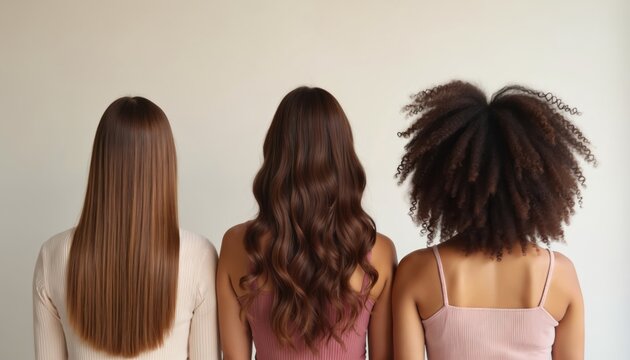 Three women display diverse hairstyles straight brown, wavy brown, and voluminous curly black hair. Their backs are to the camera, offering views of hair texture, color, and style variations.