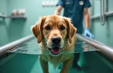 Golden retriever dog walking on underwater treadmill for physiotherapy. Veterinarian assists dog with rehabilitation after surgery. Hydrotherapy promotes recovery, strengthens muscles. Focus on