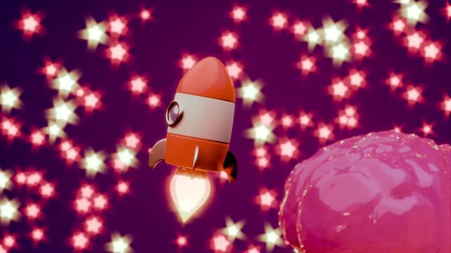 Loop video of orange rocket flying around a glossy pink brain surrounded by glowing stars in outer space