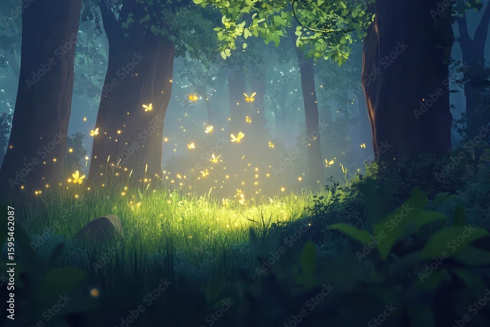 Aufkleber enchanted forest illuminated by animated fireflies dancing in the twilight, magic forest with animat