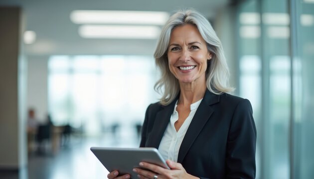 Smiling businesswoman in forties holds digital tablet in modern open office setting. Dressed in pro attire, conveying confidence, competence. Image captures moment of digital interaction, workplace