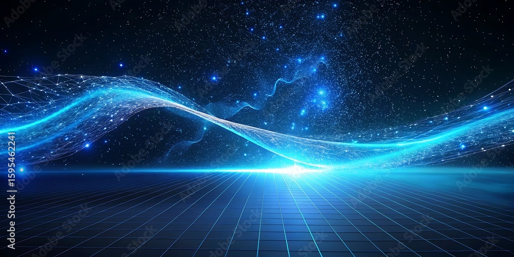 Poster a glowing blue wave of light and particles flows across a digital grid under a starry sky, creating 