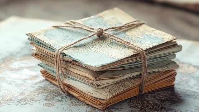 Stack of vintage maps tied with string on world map background