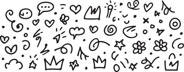 Black doodle elements hearts crowns stars swirls and speech bubbles hand drawn white