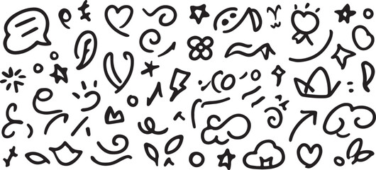 Black doodle elements hearts stars clouds speech bubble hand drawn white