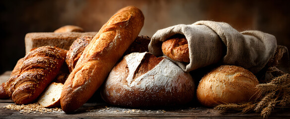 The assortment of breads featuring loaves and baguettes on a wooden table.