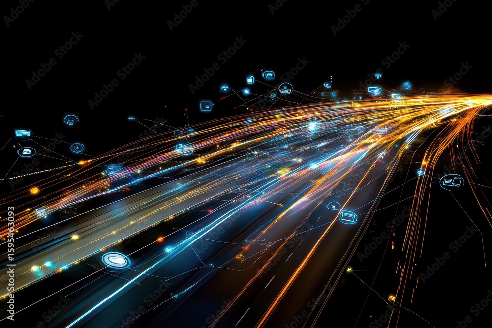 Poster dynamic network of connections illuminated by light trails in a dark setting, network of connections