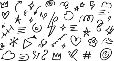 Doodle elements crown heart star lightning bolt arrow cloud flower swirl hash tag vector