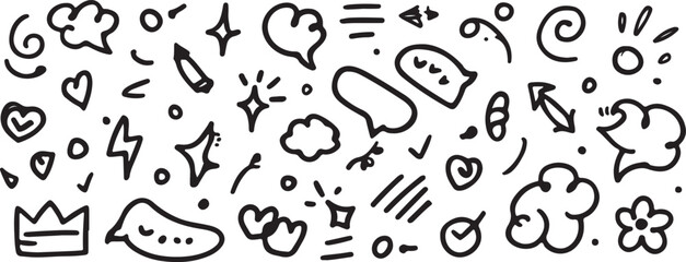 Obraz premium Doodle elements hearts stars clouds lightning bolts and speech bubbles vector