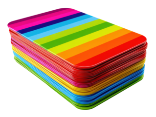 Colorful stacked cards studio photography creative close-up. Isolated on transparent background, png.