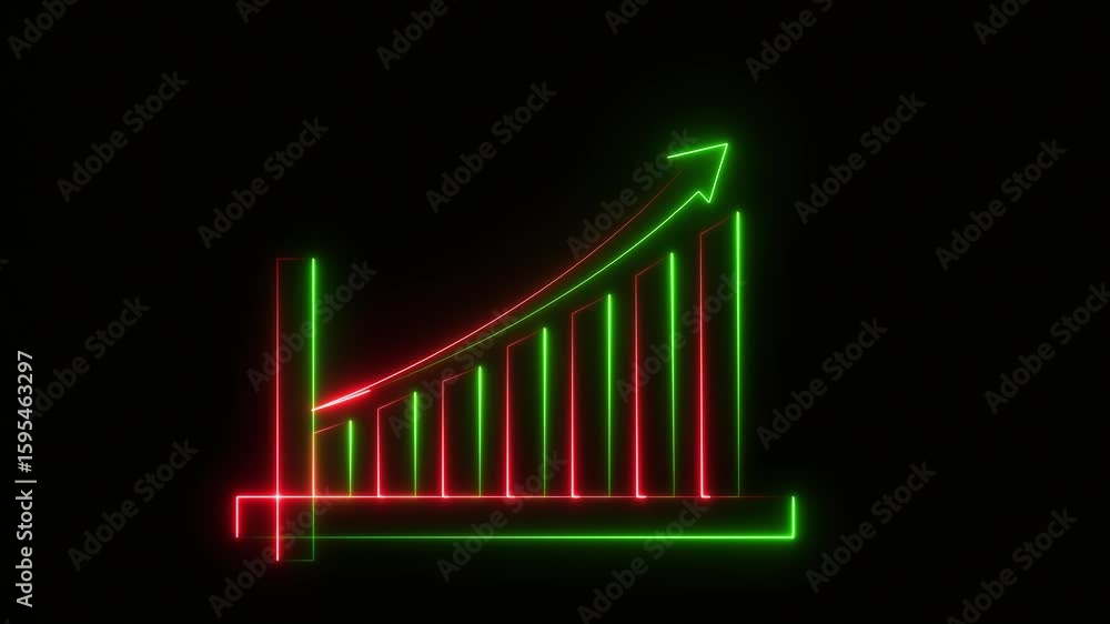 Poster neon graph animation showing upward trend with green and red bars and an arrow
