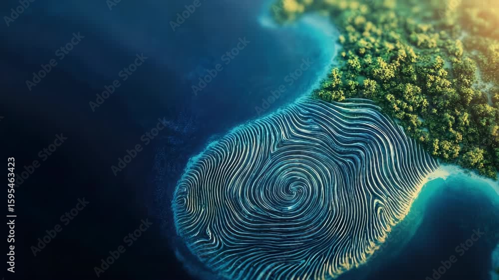 Poster aerial view of unique island resembling fingerprint pattern surrounded by ocean