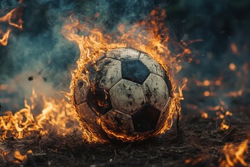 Soccer ball engulfed in flames symbolizes the passion and intensity of the sport, A soccer ball engulfed in flames, symbolizing passion and intensity