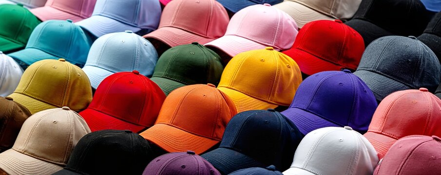 Variety of Stylish Baseball Hats in Multiple Colors and Patterns Stacked Neatly Against a Soft Gradient Backdrop