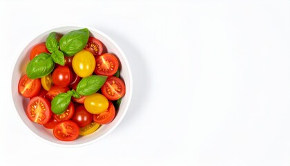 Fresh cherry tomato and basil salad in a white bowl on a clean white background