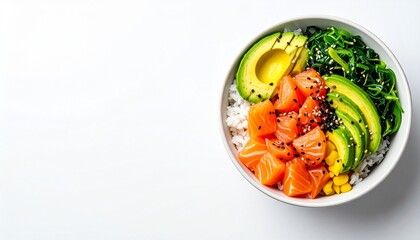 Fresh salmon poke bowl with avocado and seaweed served on white background top view
